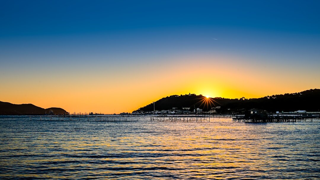 sunset over fishing village