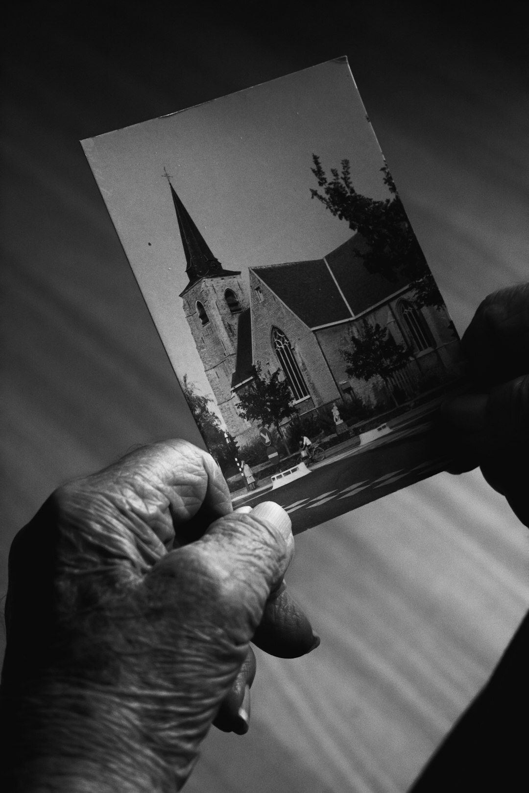 Hands of an elderly person holding an old photograph