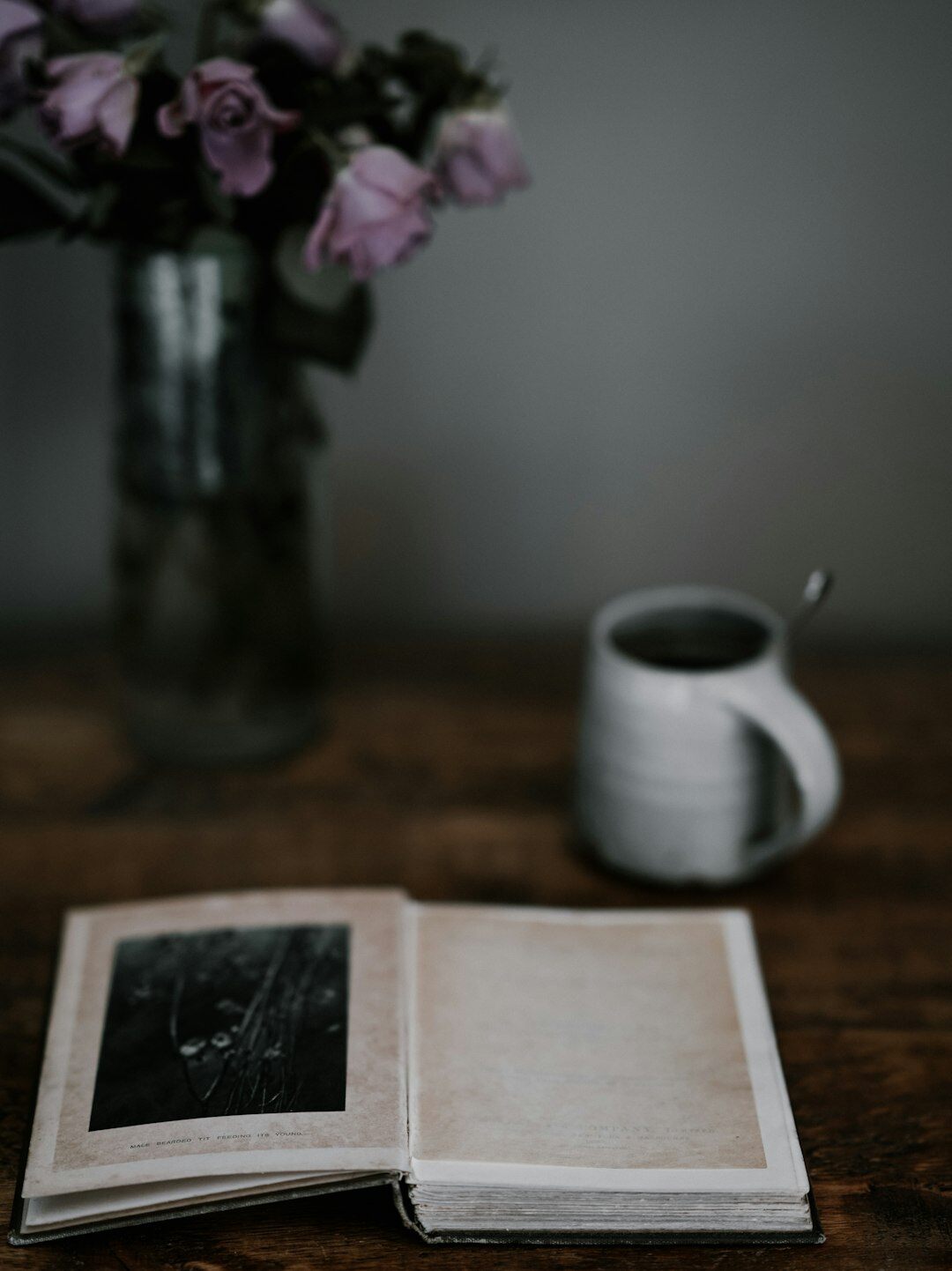 Printed photographs spread on a wooden table
